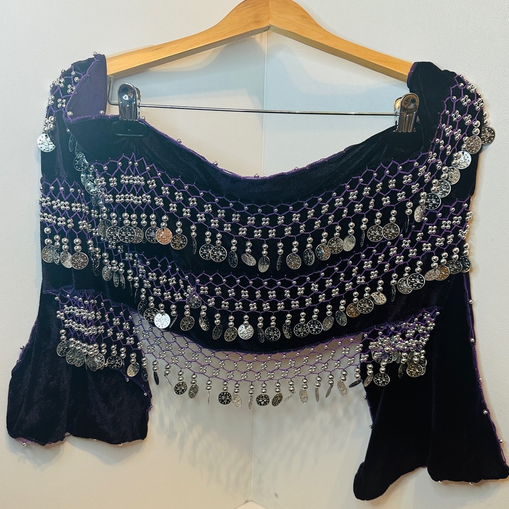 Dark Purple Velvet Belly Dance Zumba Hip Scarf with Silver Coins